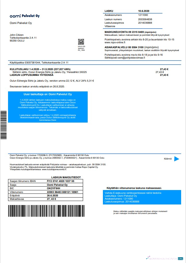 download Finland Oomi Palvelut Oy electricity utility bill template in Word and PDF format PDF template
